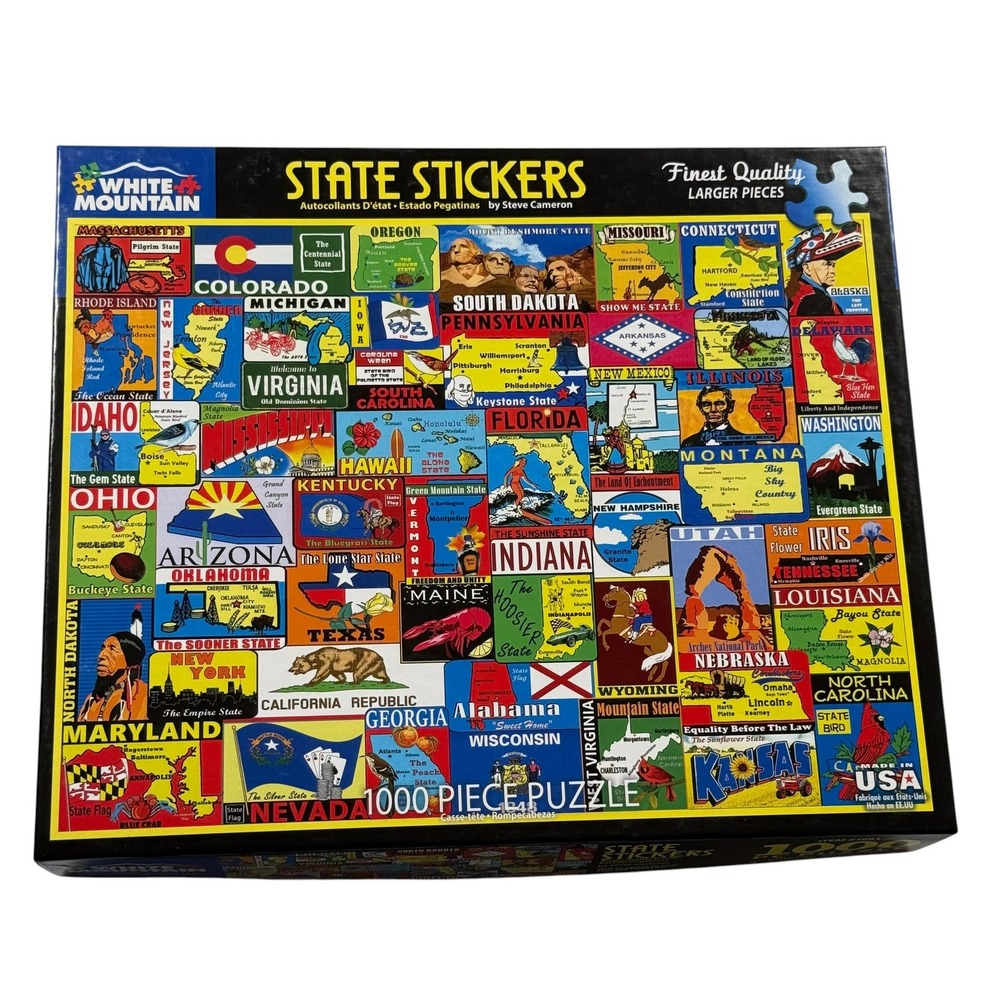 White Mountain Puzzles State Stickers 1000 Piece Puzzle Steve Cameron UNCOUNTED